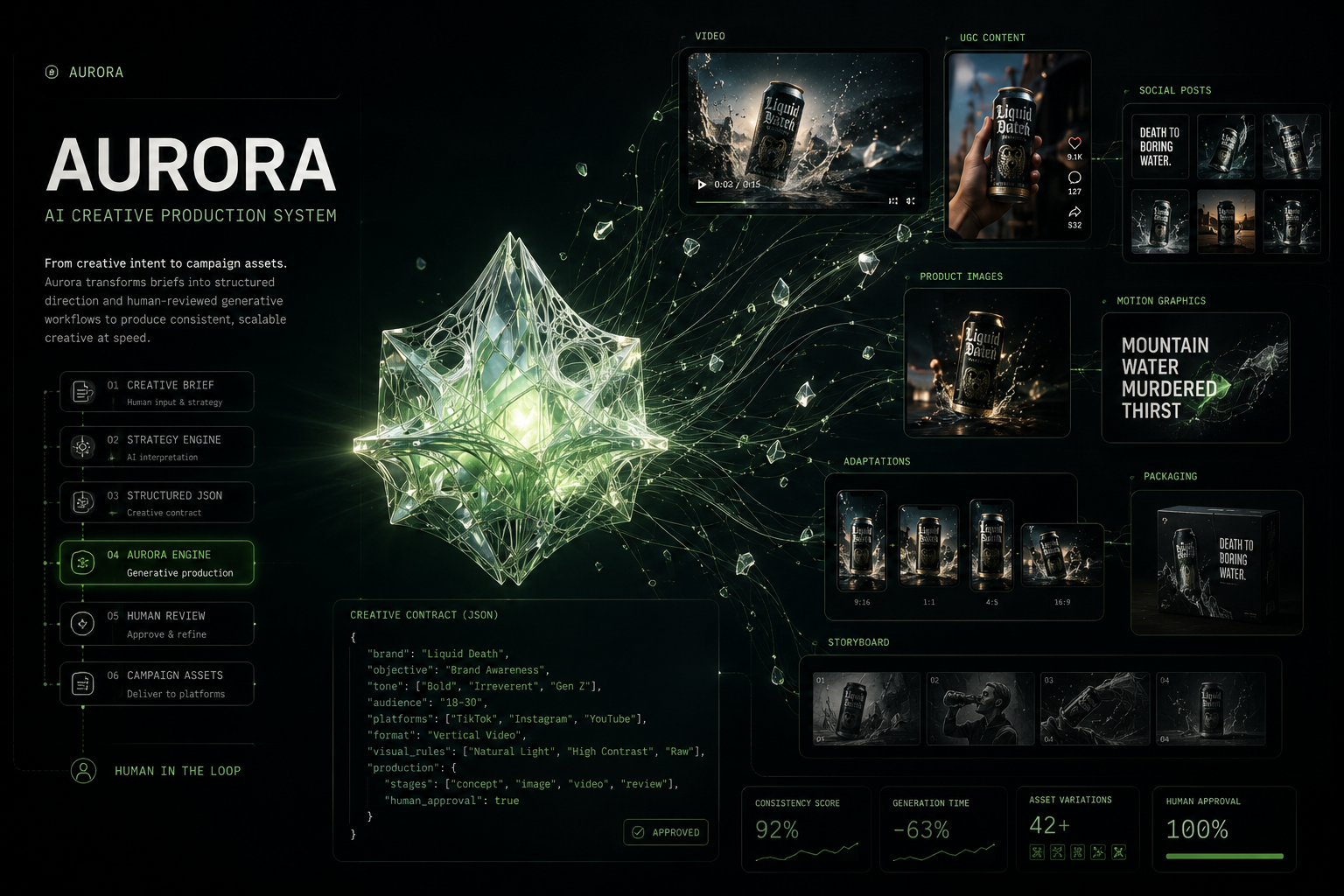 Aurora AI creative production system mapping a creative brief through structured JSON, human review and multiple campaign outputs