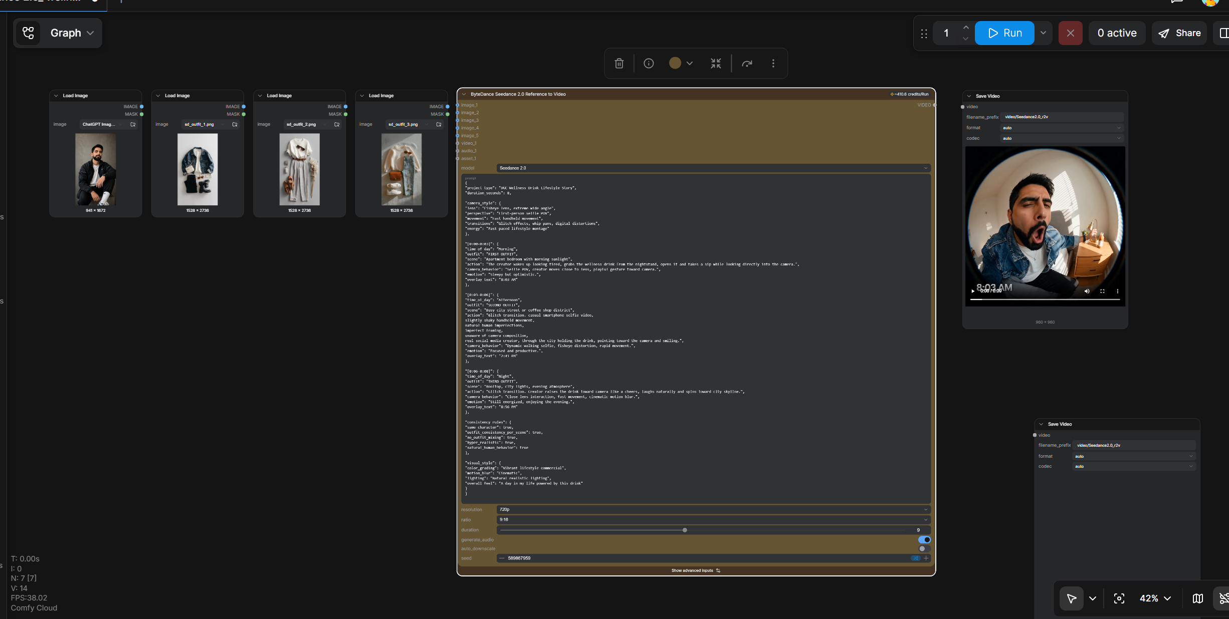ComfyUI Seedance workflow with image inputs, structured shot instructions and video output