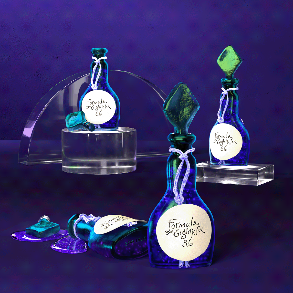Formula 86 fantasy bottles staged as a luxury product campaign