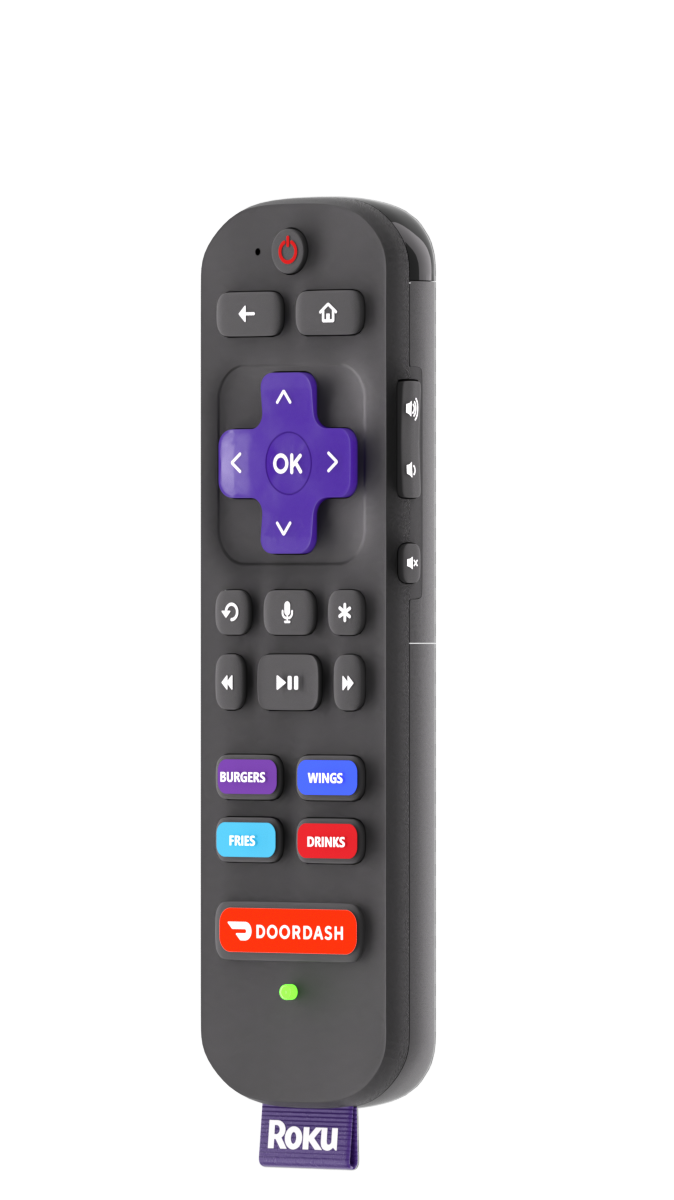 Front view of a Roku remote with DoorDash controls